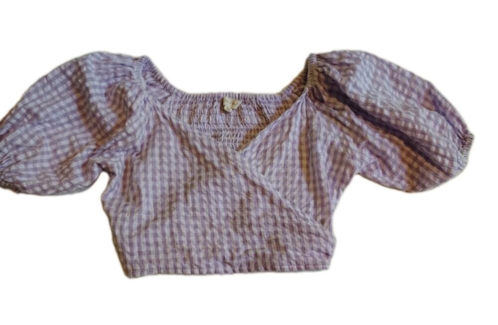 Sim & Sam Lilac Purple Gingham Smocked Crop Top Puff Sleeve XS